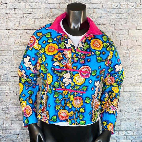 Kimono Jacket Braided Buttons Handmade Item Size Medium Cropped Floral - Picture 2 of 6